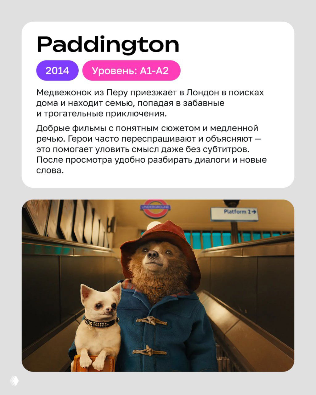 Кадр из фильма «Паддингтон»: медвежонок в синем пальто и маленькая собачка на эскалаторе в подземке — добрый семейный фильм с понятной речью.