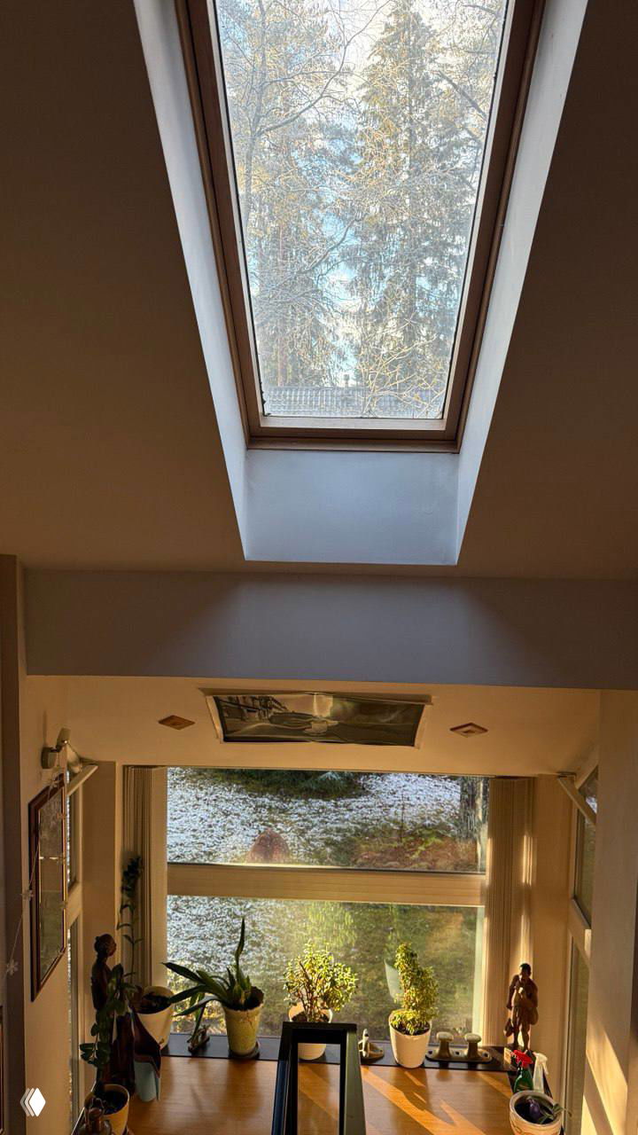 Высокий потолок и большое мансардное окно над комнатой с растениями на подоконнике, солнечный уголок дома и вид на заснеженный участок.