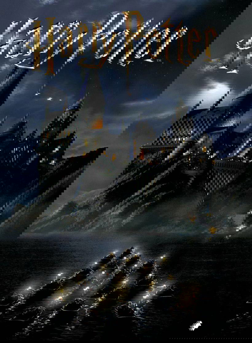 Постер серии фильмов о Гарри Поттере: тёмный замок Хогвартс на скале, лодки с огнями на воде и мистическая атмосфера магии и тайны.