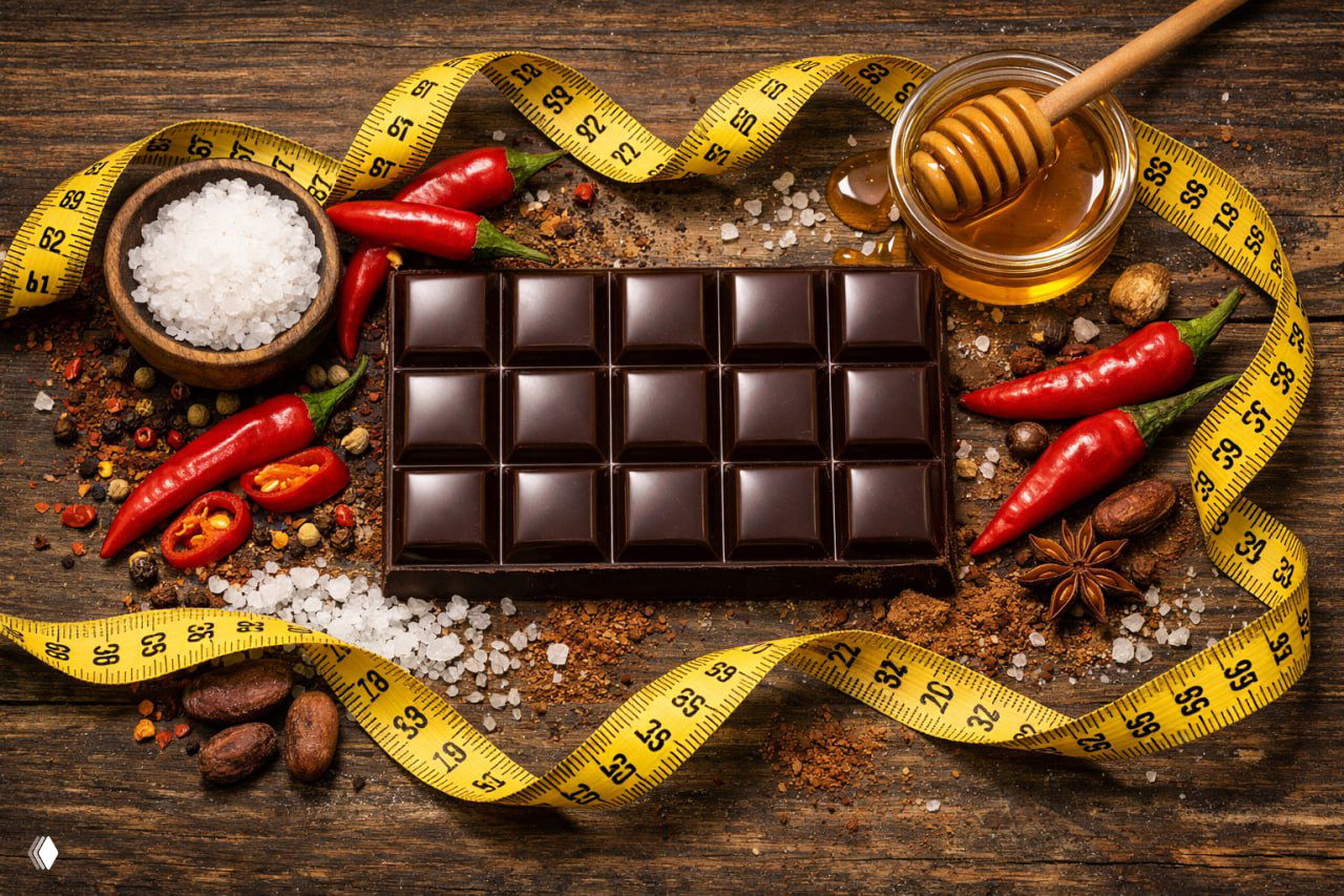 Плитка темного шоколада на деревянной доске в окружении меда, перцев, соли и мерной ленты — иллюстрация вкусовых экспериментов и контроля качества в отрасли