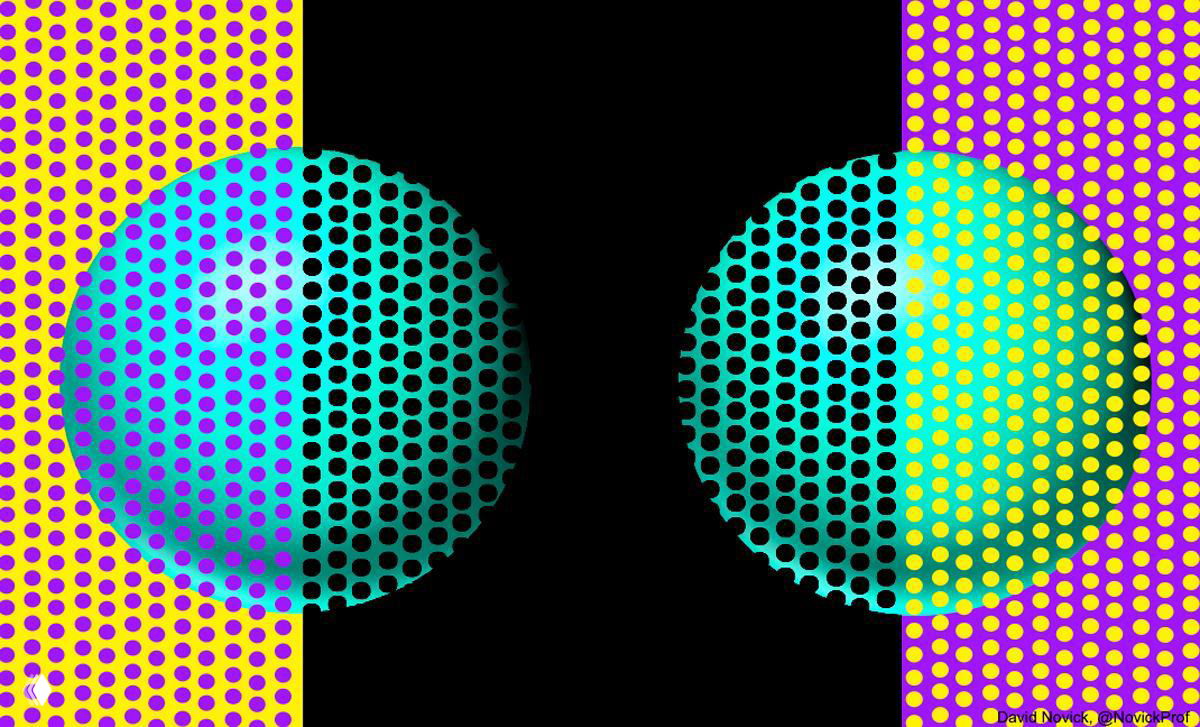 Два шара с частично снятой цветовой сеткой на чёрном фоне; удаление растра показывает, что цвета сфер одинаковы.