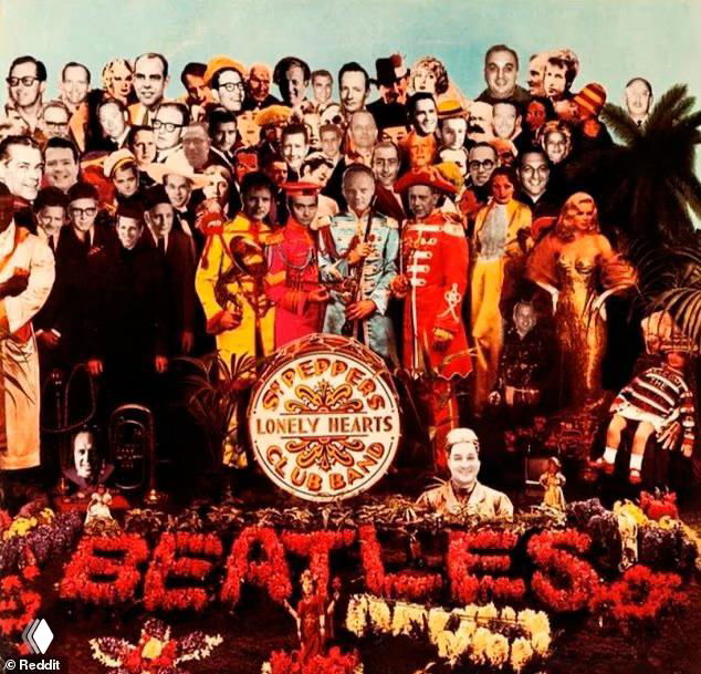 Иконическая цветная обложка альбома The Beatles «Sgt. Pepper's Lonely Hearts Club Band» с коллажем лиц и ярким оформлением для коллекционеров.