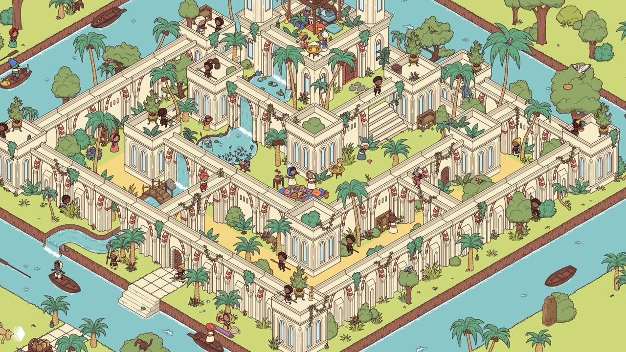 Детализированная изометрическая сцена мини‑мира с архитектурой, каналами и множеством мелких персонажей — ощущение спокойного экспериментального конструктора.