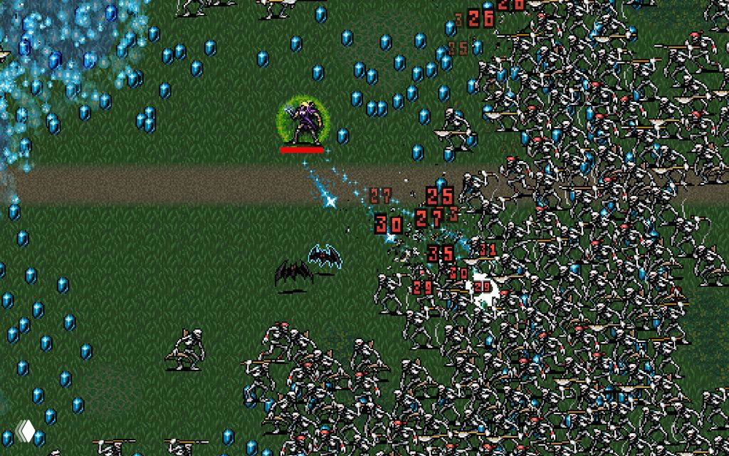 Скриншот аркадной боевой сцены: персонаж окружён ордами мелких врагов, пиксельная графика, индикаторы урона и динамичная насыщенная толпа монстров.