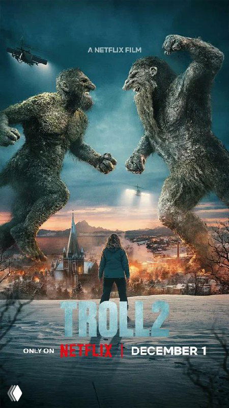 Постер «Тролль — 2»: две огромные чудовищные фигуры сражаются над городом, внизу человек на переднем плане и холодный зимний пейзаж вокруг.