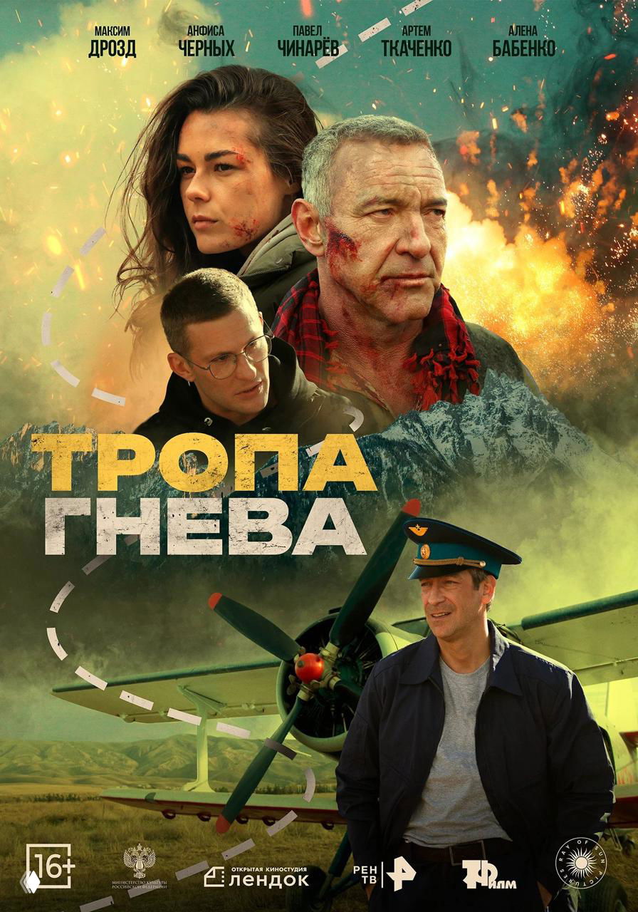 Постер российского боевика «Тропа гнева»: кадры с несколькими персонажами на фоне гор и горящего неба, образ самолёта и напряжённая атмосфера.
