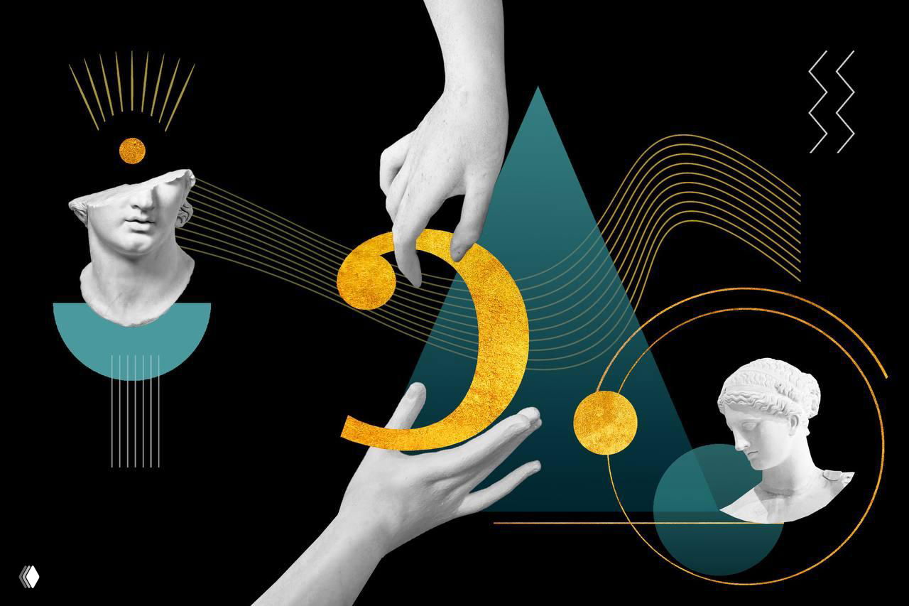 Коллаж с бюстами, руками и золотыми геометрическими формами на тёмном фоне, иллюстрация к шорт‑листу премии «Сделано в России — 2025»