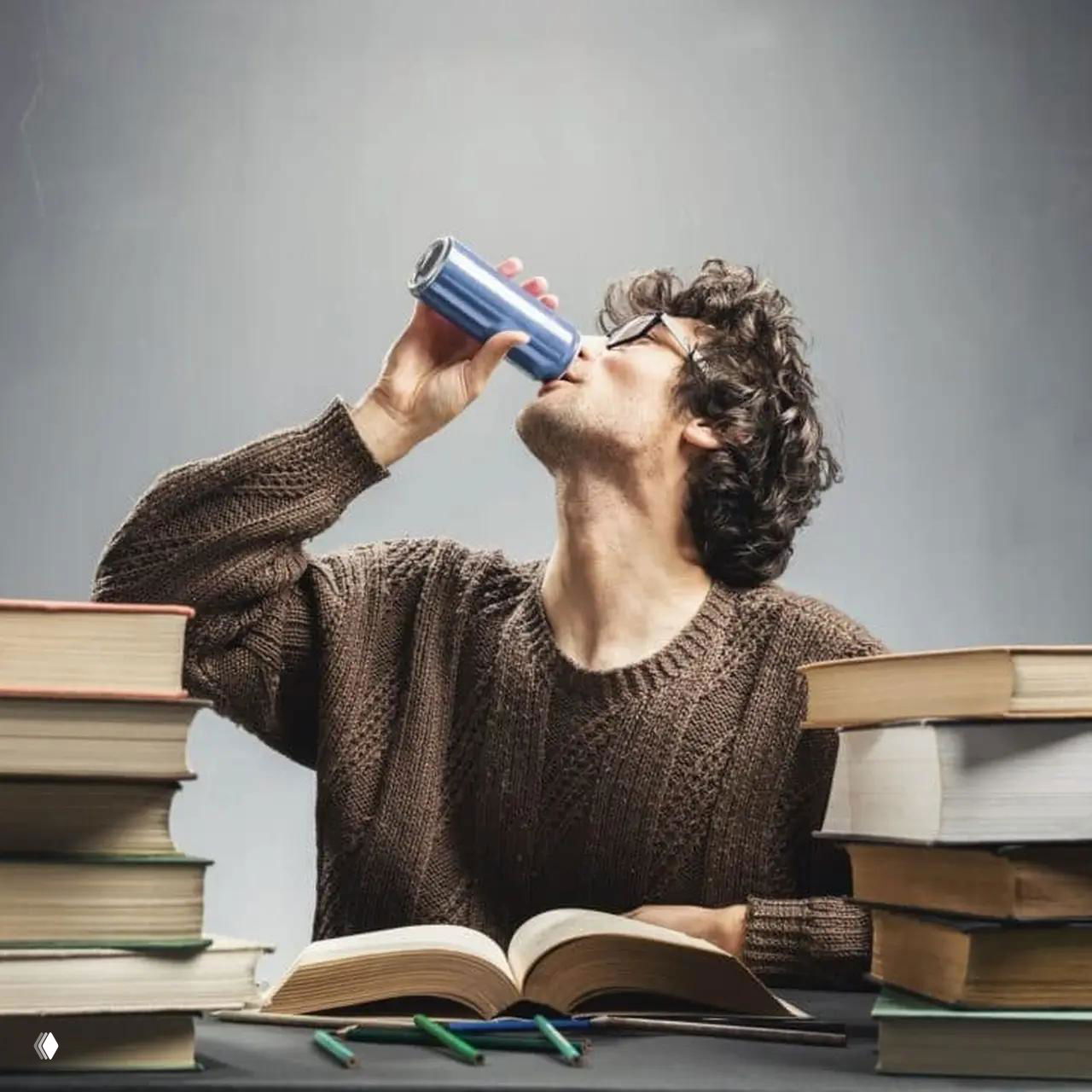 Мужчина в очках и свитере выпивает энергетик из банки за столом, окружённый стопками книг и открытым учебником.