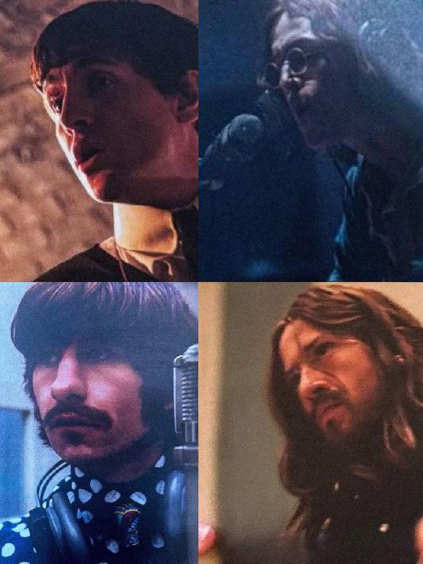 Коллаж со съемочными кадрами: близкие планы актёров в образах участников The Beatles, тёмная атмосфера студийных сцен и микрофон на переднем плане.