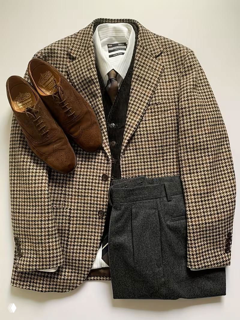 Разложенный комплект: коричневые туфли, пиджак в гусиную лапку, жилет и тёмно‑серые брюки — классический мужской ансамбль для сочетания с пальто.