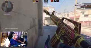 Скриншот геймплея Counter-Strike: вид от третьего лица/первого лица с оружием на карте Dust 2 и мини-окно стрима с пожилой стримершей.