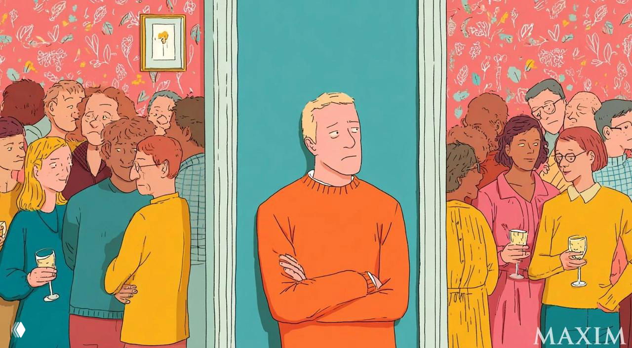 Иллюстрация: мужчина в оранжевом свитере в дверном проёме, отделённый от двух шумных компаний людей; стилизованная графика.