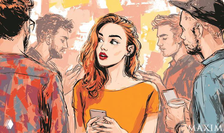 Иллюстрация: молодая женщина с телефоном в руках в окружении мужчин на вечеринке, символизирующая массовый уход пользовательниц с сайтов и приложений знакомств.