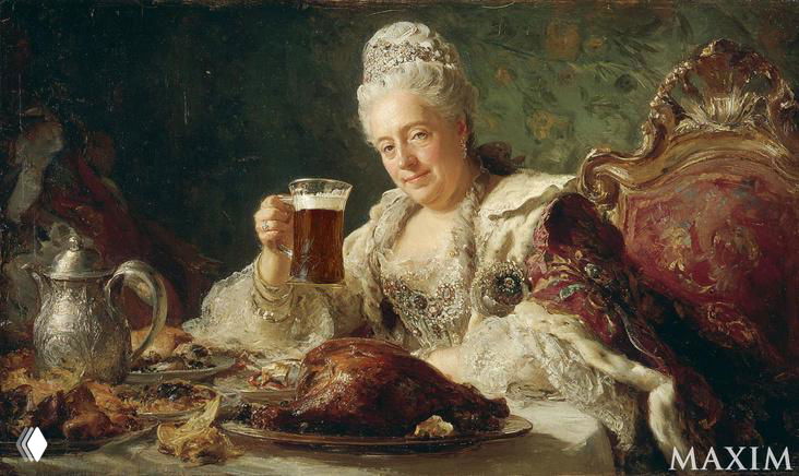 Картина в стиле классицизма: дама в парадном платье держит бокал тёмного крепкого пива за столом с блюдами.