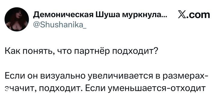 Скриншот твита Демоническая Шуша: шуточный совет как понять, что партнёр подходит, через визуальное увеличение или уменьшение размеров.