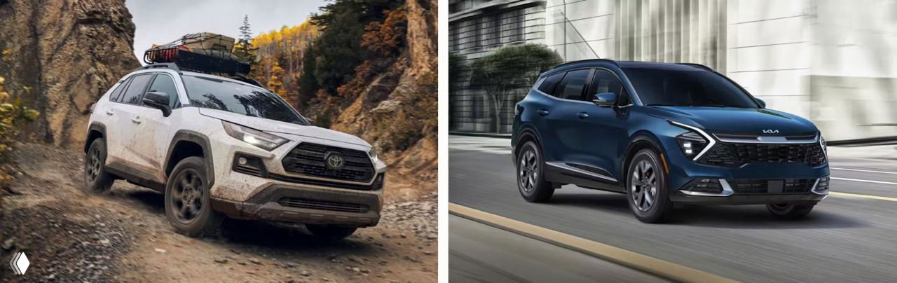 На изображении два SUV: слева грязный Toyota RAV4 на просёлочной дороге, справа тёмный Kia Sportage на асфальтированной улице — иллюстрация статистики продаж