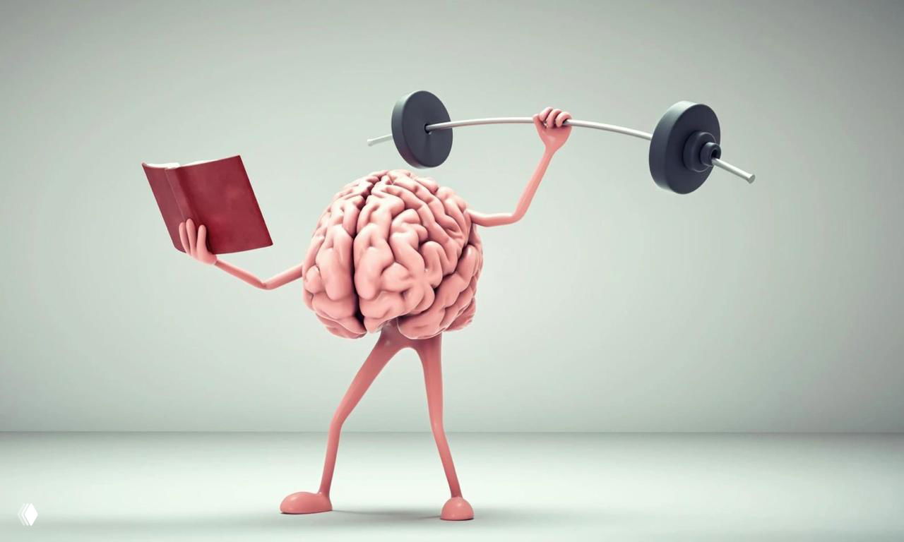 Антропоморфный мозг держит книгу в одной руке и штангу в другой — символ сочетания интеллекта и силы.