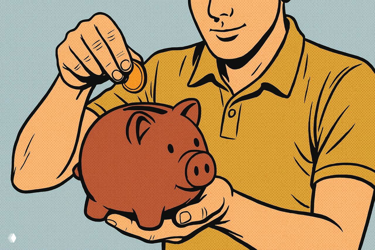 Поп-арт иллюстрация: мужчина кладёт монету в копилку‑свинью, изображение символизирует экономию, бюджетные лайфхаки и советы о еде.