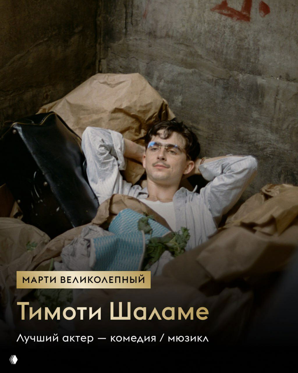Фото карточки с Тимоти Шаламе: актёр в расслабленной позе среди мешков и вещей, подпись «Марти Великолепный», оформление лауреата премии «Золотой Глобус», постерный кадр.