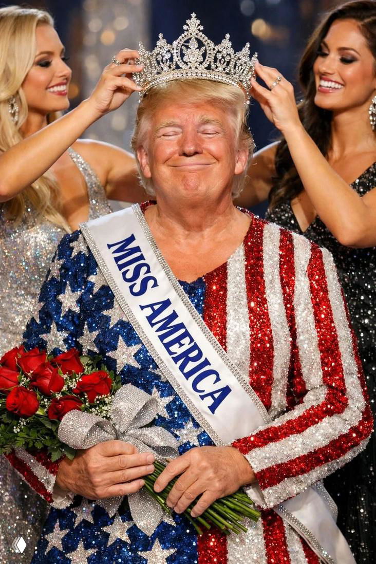 Мужчина с короной и лентой победительницы красоты держит букет на фоне салюта — юмористическая фотомонтажная картина коронации и титула.