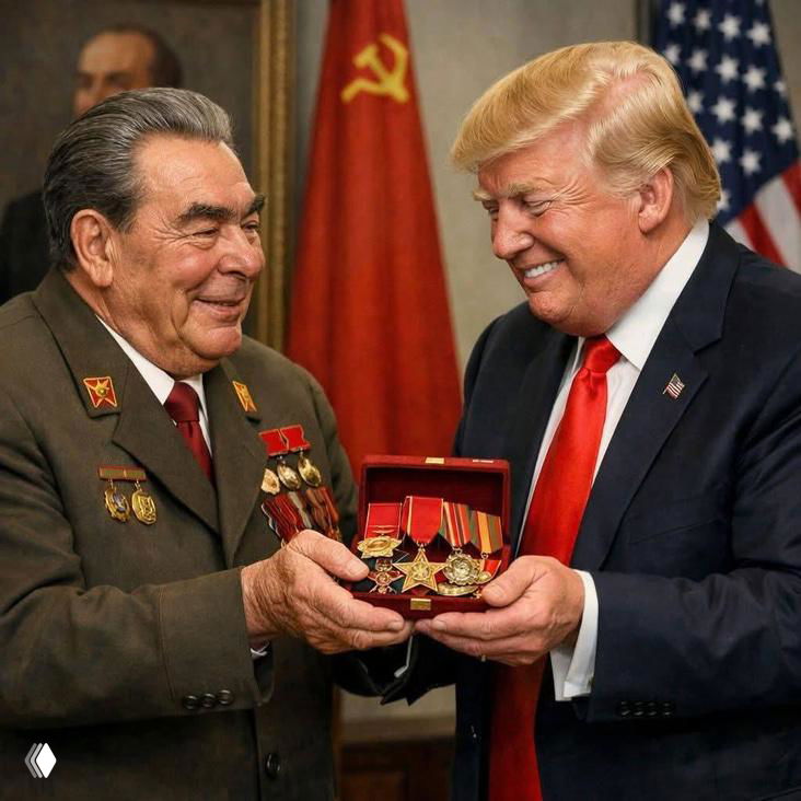 Два пожилых человека улыбаются и обмениваются коробкой с медалями на фоне советской символики — сатирическое изображение вручения орденов.