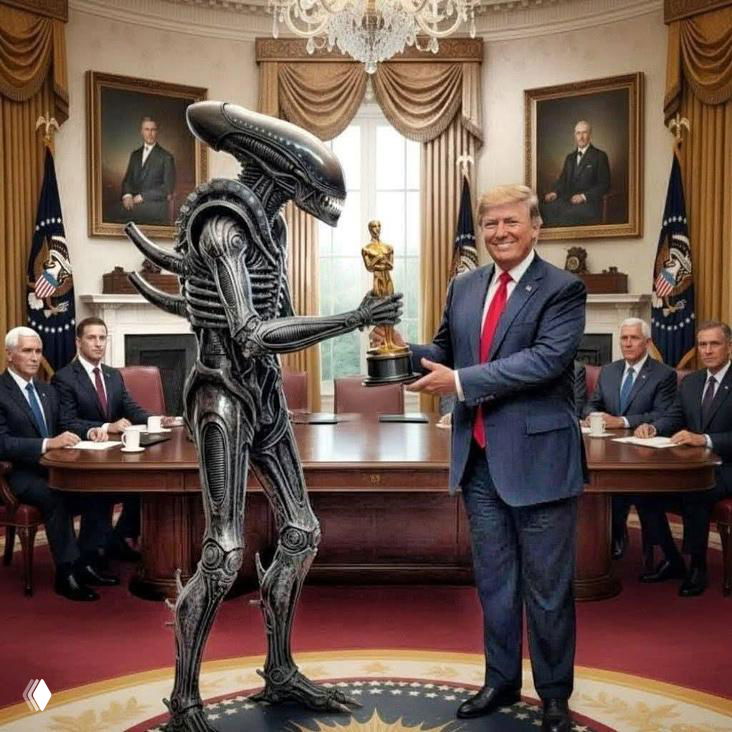 Фотожаба: безликий инопланетный персонаж вручает статуэтку в кабинете, рядом стоит человек в костюме — комический монтаж с наградой.