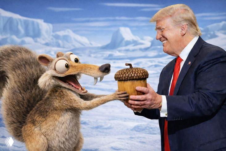 Кадр из мультфильма с антропоморфным героем, предлагающим огромное желуди человеку в костюме — детский по стилю мем с наградой в шутливом ключе.