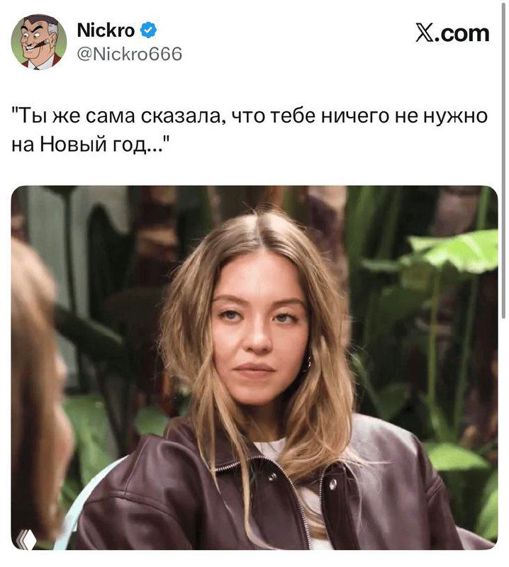 Скриншот твита с цитатой: фраза «Ты же сама сказала, что тебе ничего не нужно на Новый год...» и фотография девушки внизу, портретное фото с естественным освещением и нейтральным выражением лица для мемного эффекта.