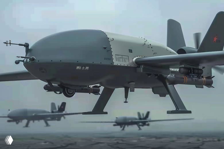 Фотореалистичный рендер крупного беспилотного аппарата Jetank в полёте, с подвесками и визуализацией возможного вооружения и оборудования.