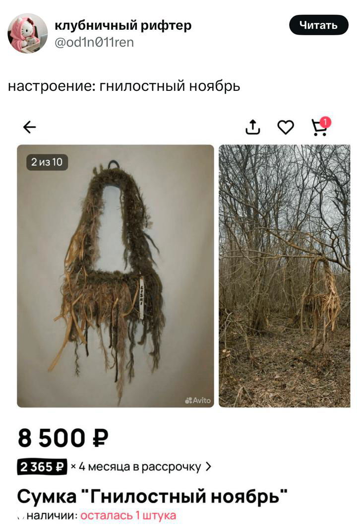 Скриншот твита с коллажем: объявление о сумке «Гнилостный ноябрь» рядом с фотографией осеннего леса — комический образ и саркастическая подпись в интерфейсе X.