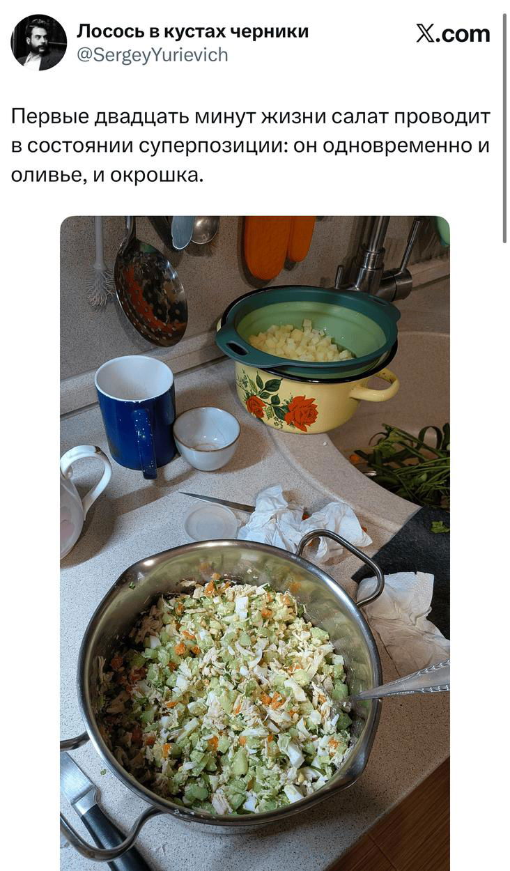 Скриншот твита с изображением кухни и большой миски салата; подпись поста шутит про «суперпозицию» салата — элемент бытового юмора в снимке.