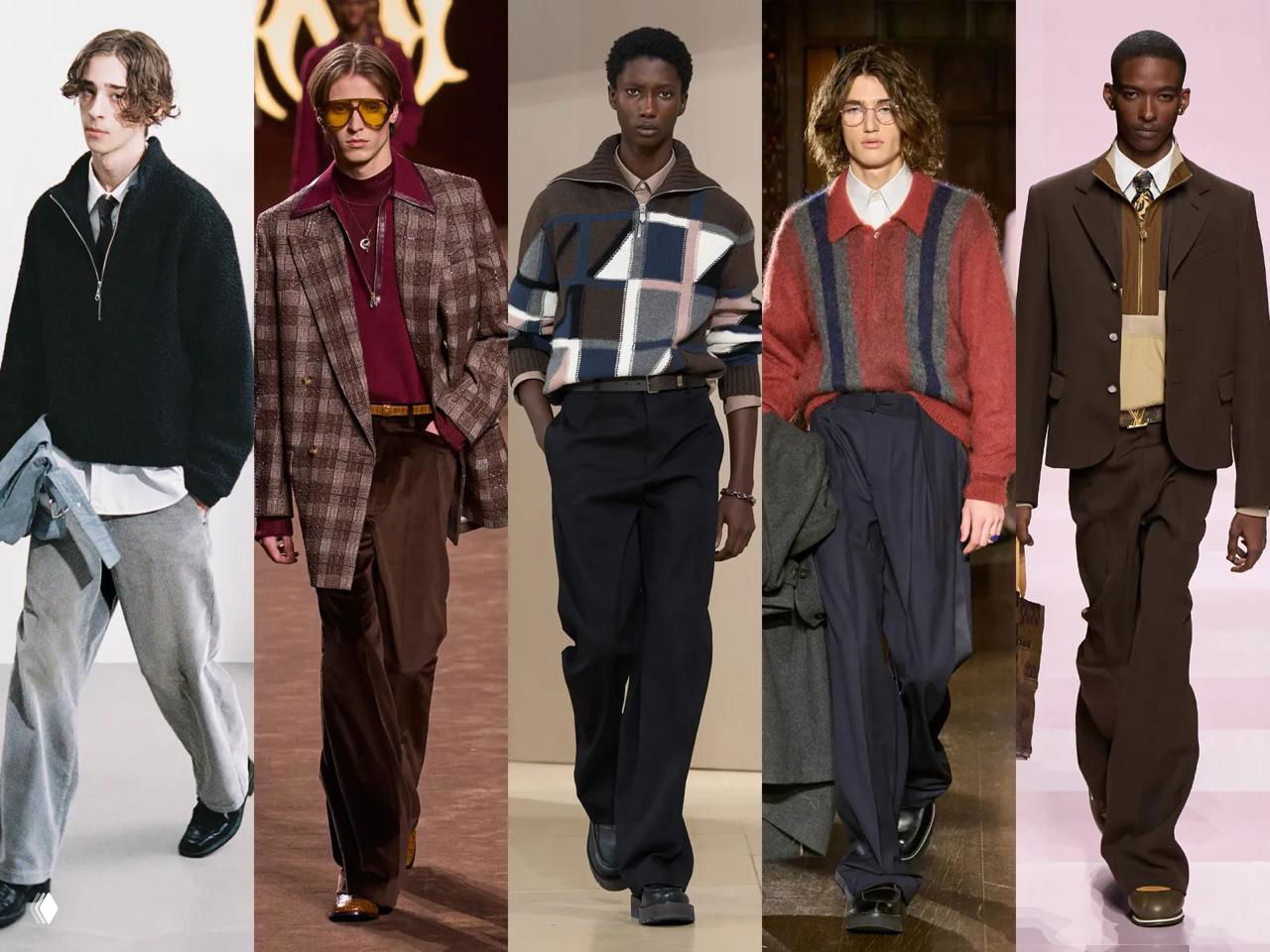 Модели на подиуме в мужских шерстяных пуловерах на молнии (quarter-zip), надетых поверх рубашек и галстуков в зимнем офисном стиле.