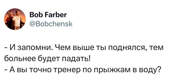 Фрагмент твита с короткой ироничной шуткой про падение после подъёма; текстовый скрин со стандартной компоновкой твита и аватаром.