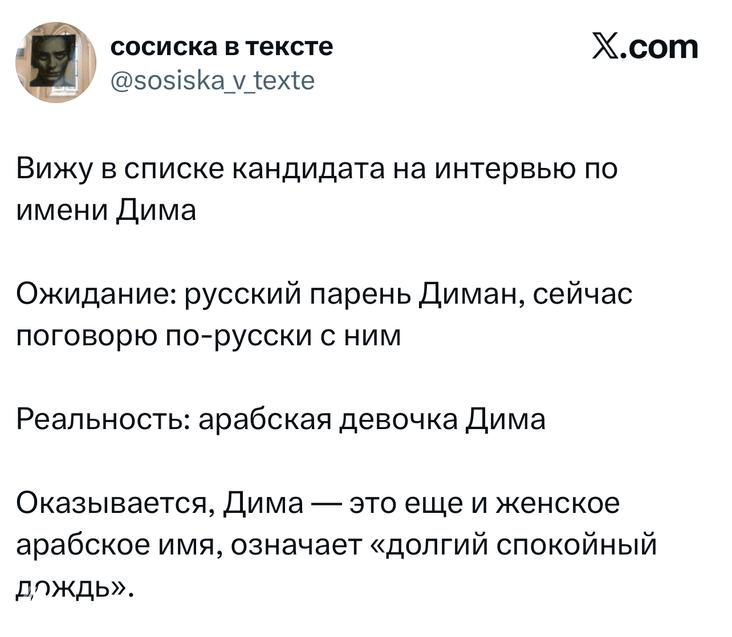 Скрин твита про имя Дима: ожидание и реальность — шутка про арабское женское имя «Дима» и его значение, короткий текстовый мем.