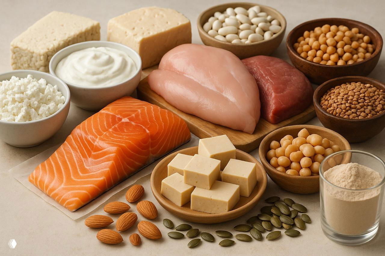 Фотография ассортимента источников белка на нейтральном фоне: лосось, филе курицы, тофу, творог, сыры, бобовые, орехи и порция протеинового порошка.