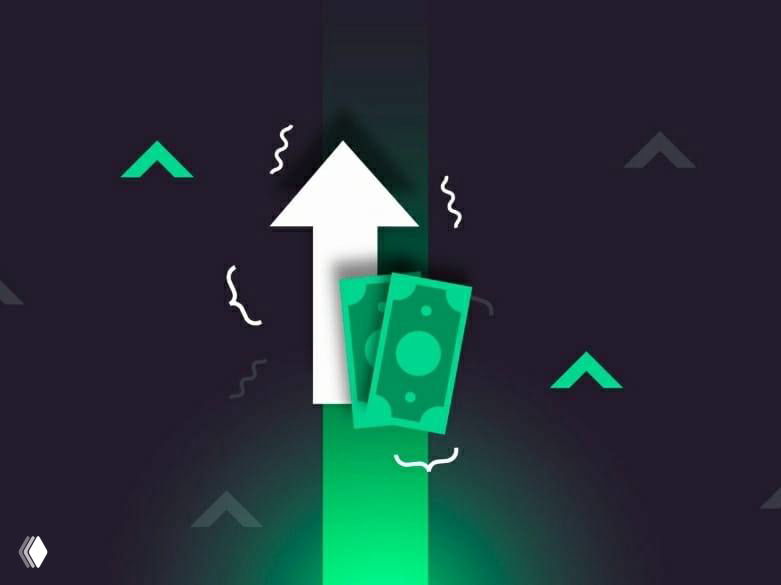 Стилизованная иллюстрация: белая стрелка вверх и зелёные купюры на тёмном фоне, символизирующие рост дохода и прибыли.