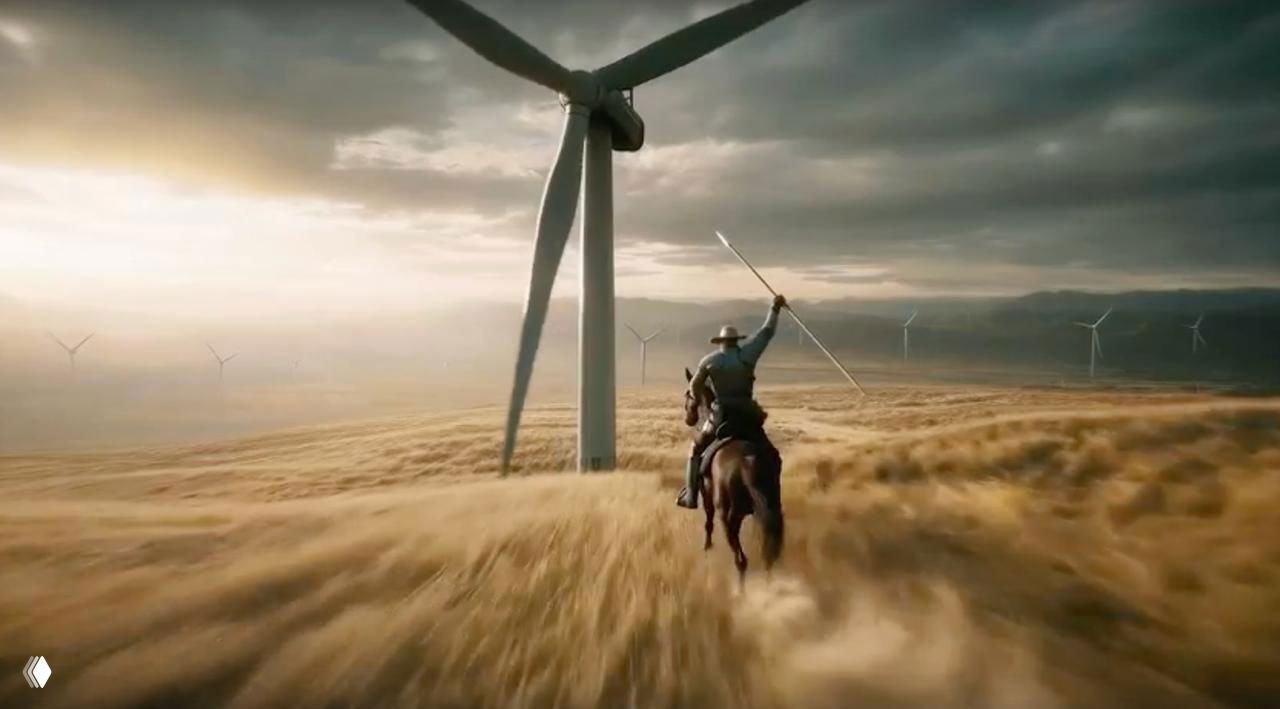 Дон Кихот в ролике Росатома: всадник с копьём мчится по полю среди ветряных турбин на фоне драматического неба.