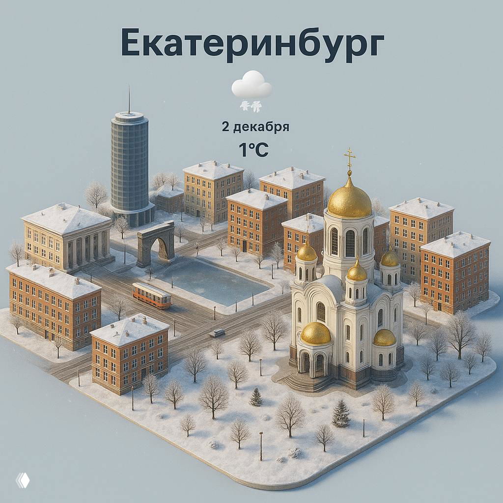 Изометричная зимняя миниатюра Екатеринбурга под углом 45°, с золотыми куполами собора, красными домами, прудом и трамваем.