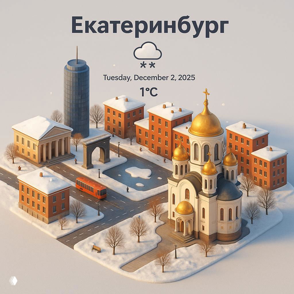 Изометричное изображение Екатеринбурга с датой на английском, температурой 1°C, золотыми куполами собора, красными домами и трамваем.
