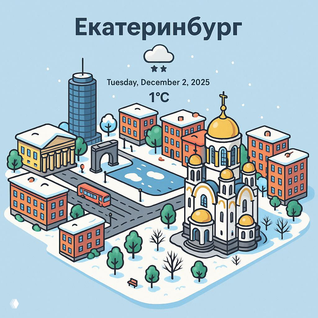 Стилизованная векторная миниатюра Екатеринбурга зимой, с упрощёнными формами зданий, куполами собора, дорогой, деревьями и минималистичным фоном.