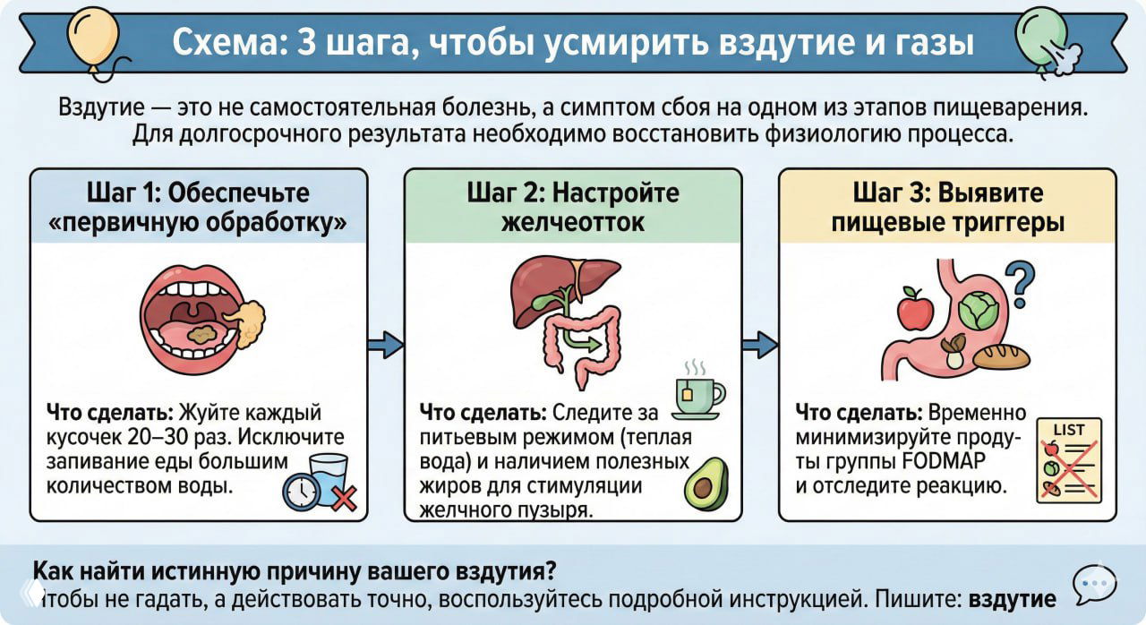 Схема: 3 шага, чтобы усмирить вздутие и газы