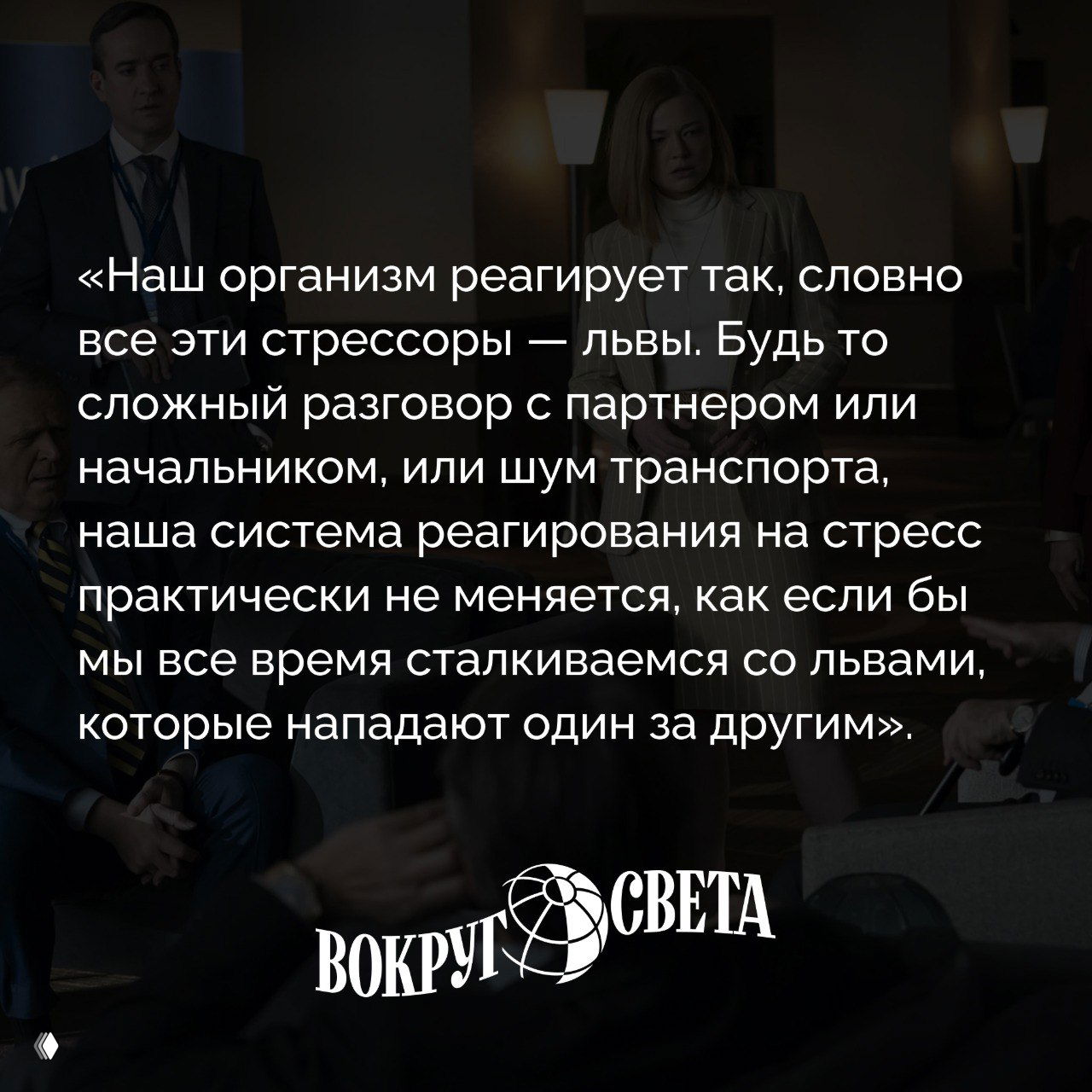 Фоновая сцена деловой встречи в офисе с людьми в деловой одежде; поверх фото наложена цитата об эволюции реакции на стресс и логотип «Вокруг света».