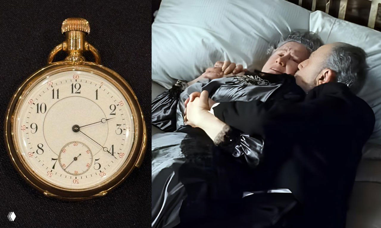 Коллаж: позолоченные карманные часы Jules Jurgensen на темном фоне слева и кадр из фильма «Титаник» справа — пожилая пара, лежащая в объятиях на кровати.