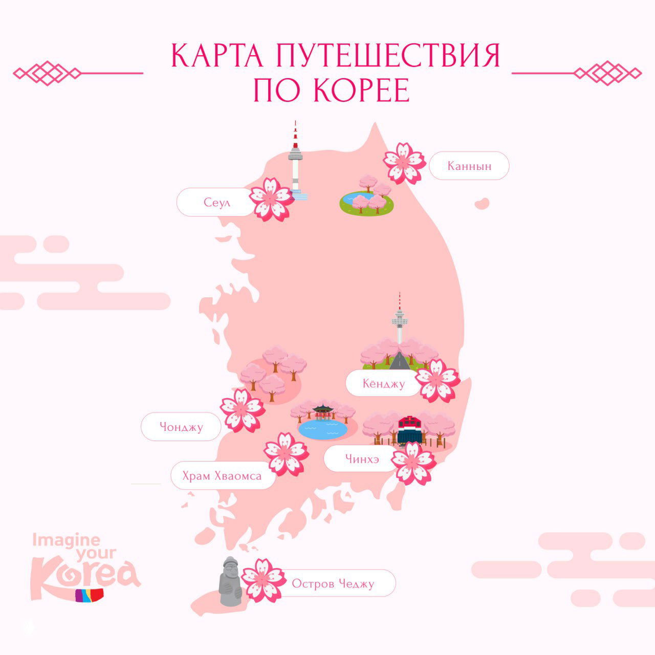 Иллюстративная розовая карта Южной Кореи с отмеченными городами и местами цветения сакуры: Чеджу, Кёнджу, Сеул и восточные озера, элементы фестивалей.