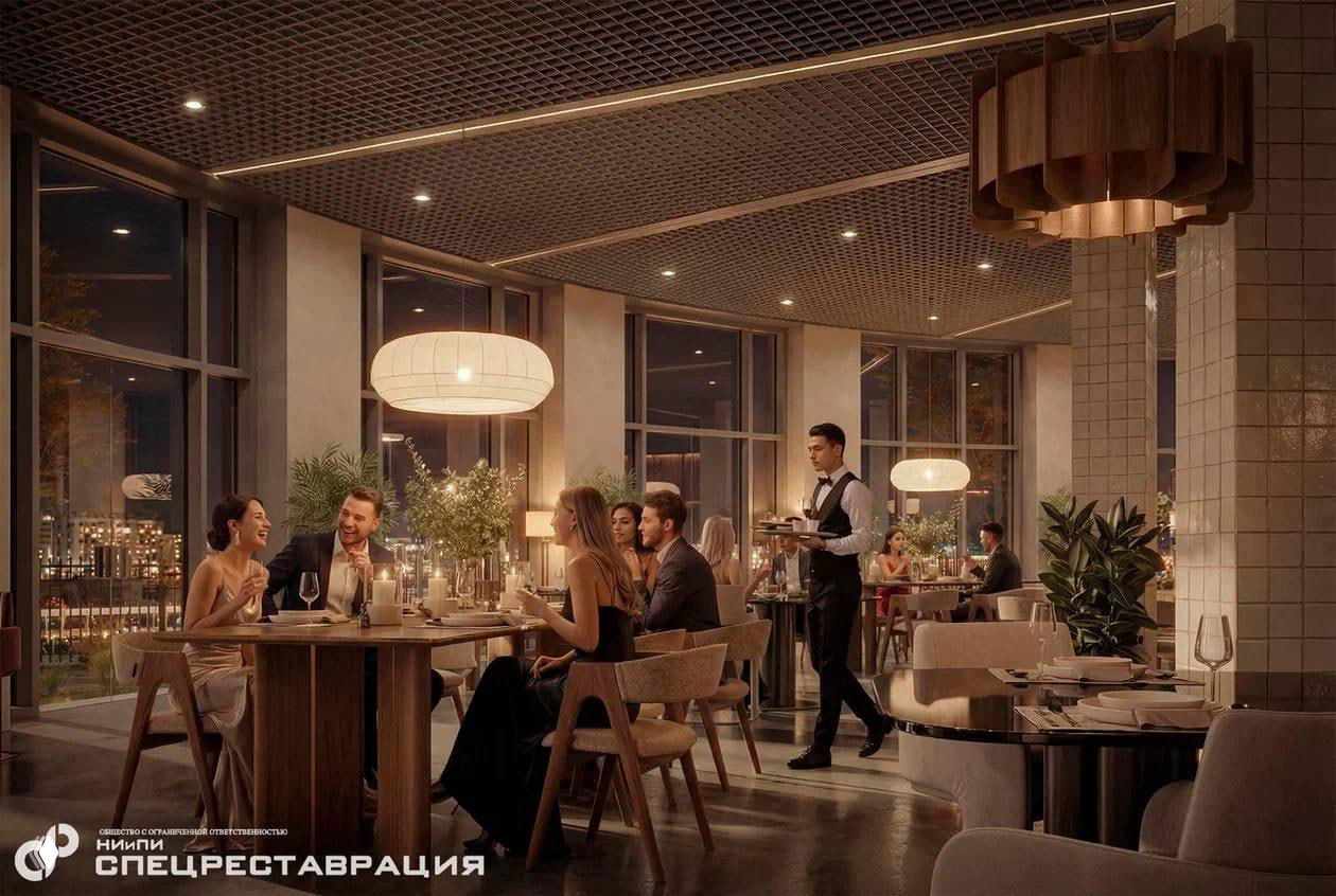 Интерьер ресторана в концепте реконструкции «Крестов»: посетители за столами, официант, тёплое освещение и панорамные окна в гостиничной зоне.