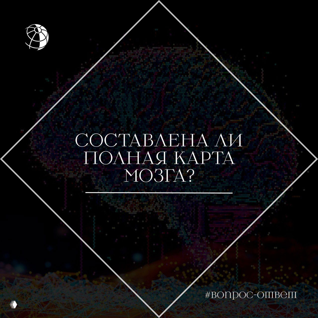 Стилизованное изображение мозга в темной палитре с сетевой структурой и декоративной рамкой; на картинке виден вопрос о полной карте мозга.