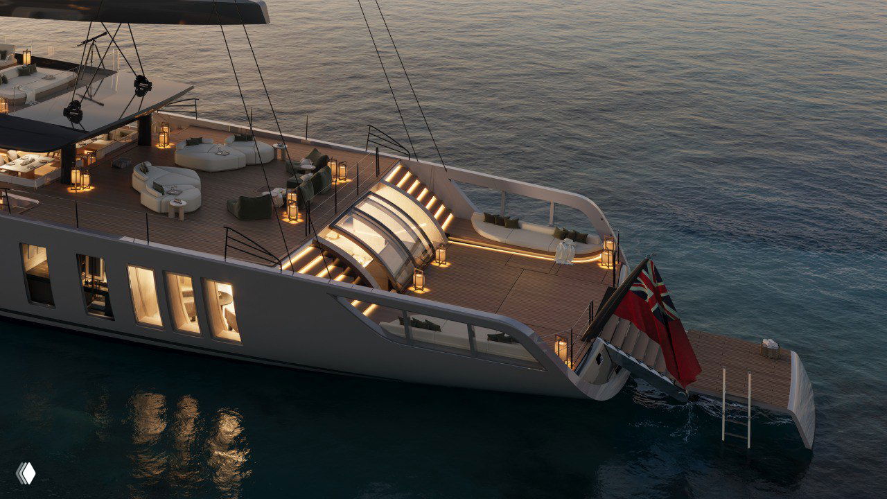 Задняя палуба суперъяхты Sky с подсветкой, открытой зоной отдыха у воды и выступающей платформой у кормы с флагом