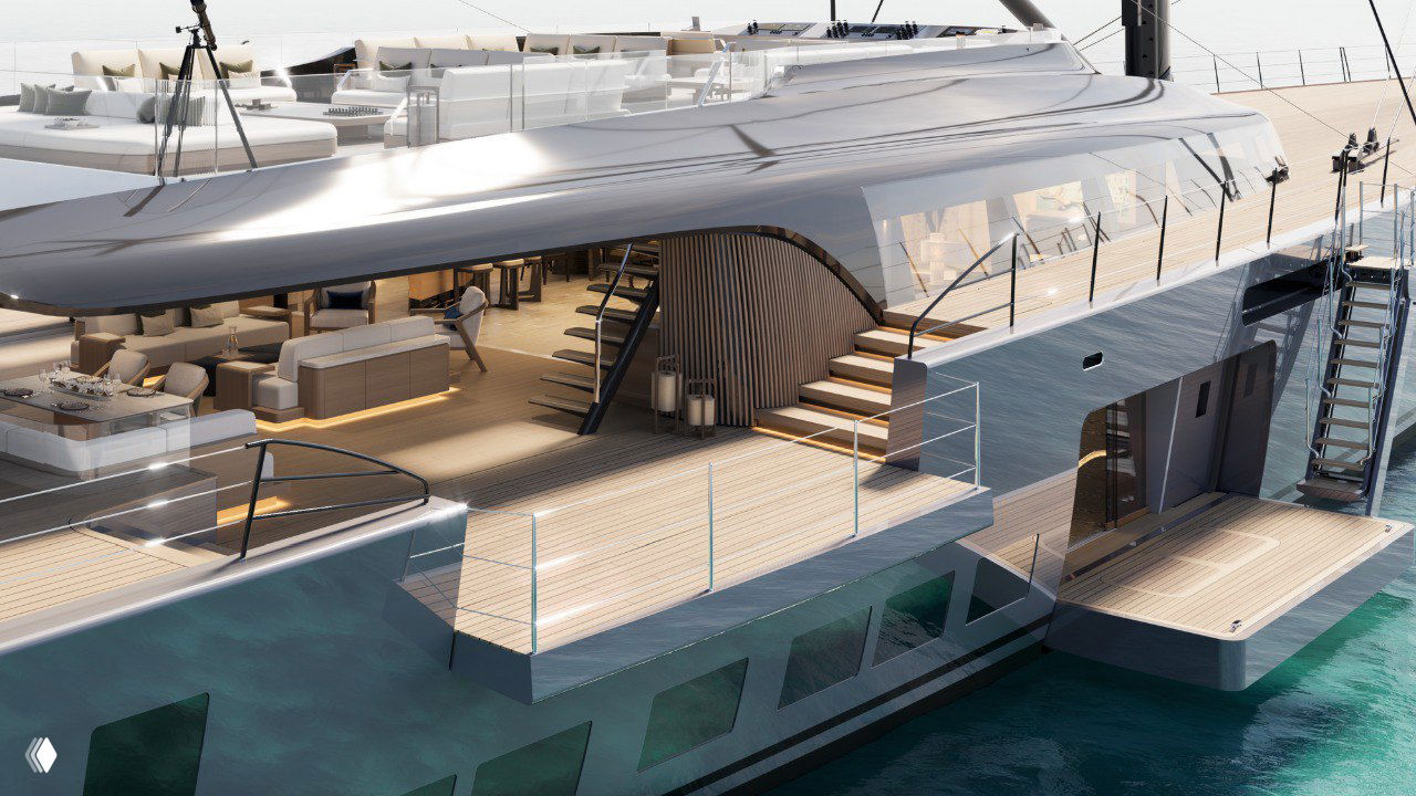 Средняя часть палубы и открытая гостевая зона Sky: ступени, стеклянные ограждения и вид на внутренние помещения через большие окна