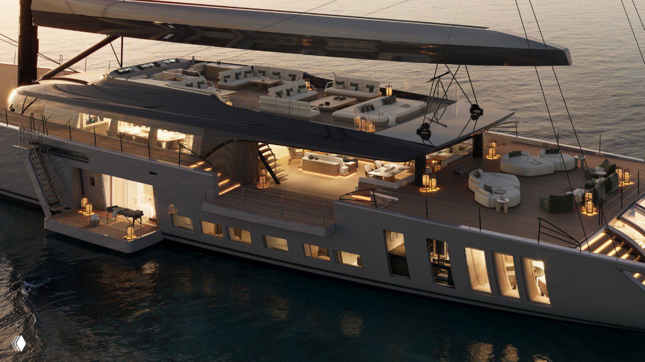 Вид на яхту на закате: верхняя палуба с лаунж-зонами, тёплая подсветка и массивные паруса в сложенном или частично поднятом состоянии
