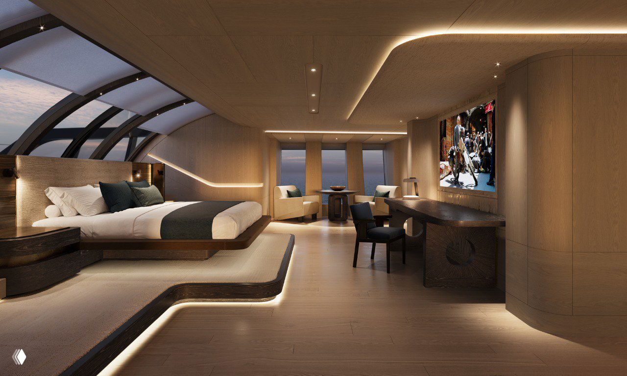 Интерьер главной каюты суперъяхты Sky: кровать, рабочая зона и панорамные окна, отделка в тёплых древесных тонах и встроенная подсветка